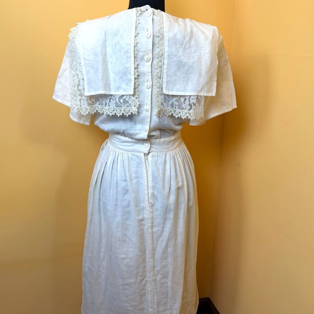 VTG Gunne Sax Dress White Cotton Sailor Collar Lace Trim Prairie Midi Small - Picture 3 of 8